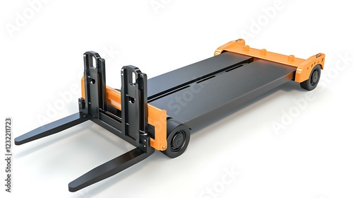 A detailed view of a hubwagen (pallet truck) with fully extended forks, showcasing its robust design, isolated on a white background for clarity photo