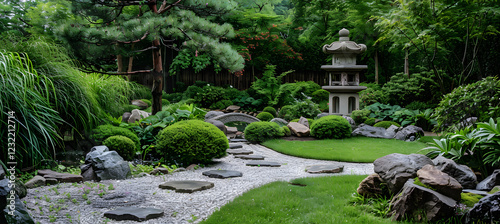 Stone path leading through lush japanese garden with stone pagoda