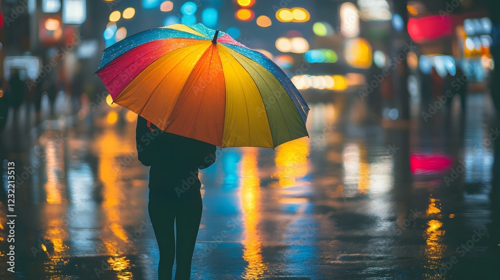 A person holding a large, colorful umbrella while walking through a busy street in the rain, the city lights reflecting in the puddles A person holding a large, colorful umbrella while walking through a busy street in the rain, the city lights reflecting in the puddles