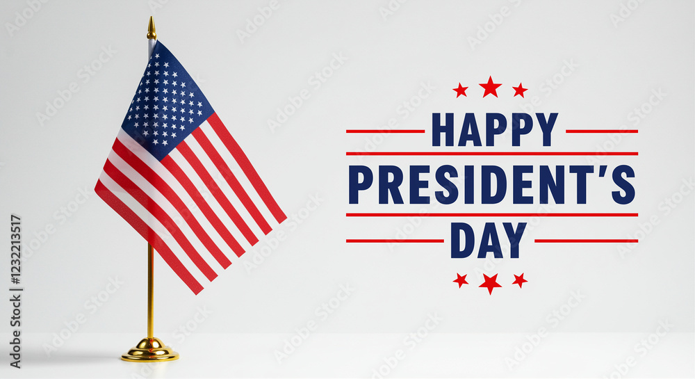 American flag on gold stand with Happy Presidents Day text. American flag with President's Day message on white background American flag on gold stand with Happy Presidents Day text. American flag with President's Day message on white background