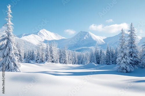 Snowy mountain forest winter landscape, sunlit
