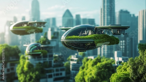 Eco-friendly air taxis flying over green city photo