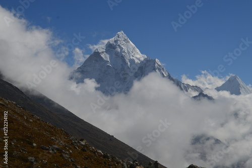 Close up of Mount Everest during sunrise in the Khumbu Valley of the Himalaya mountains in Nepal photo