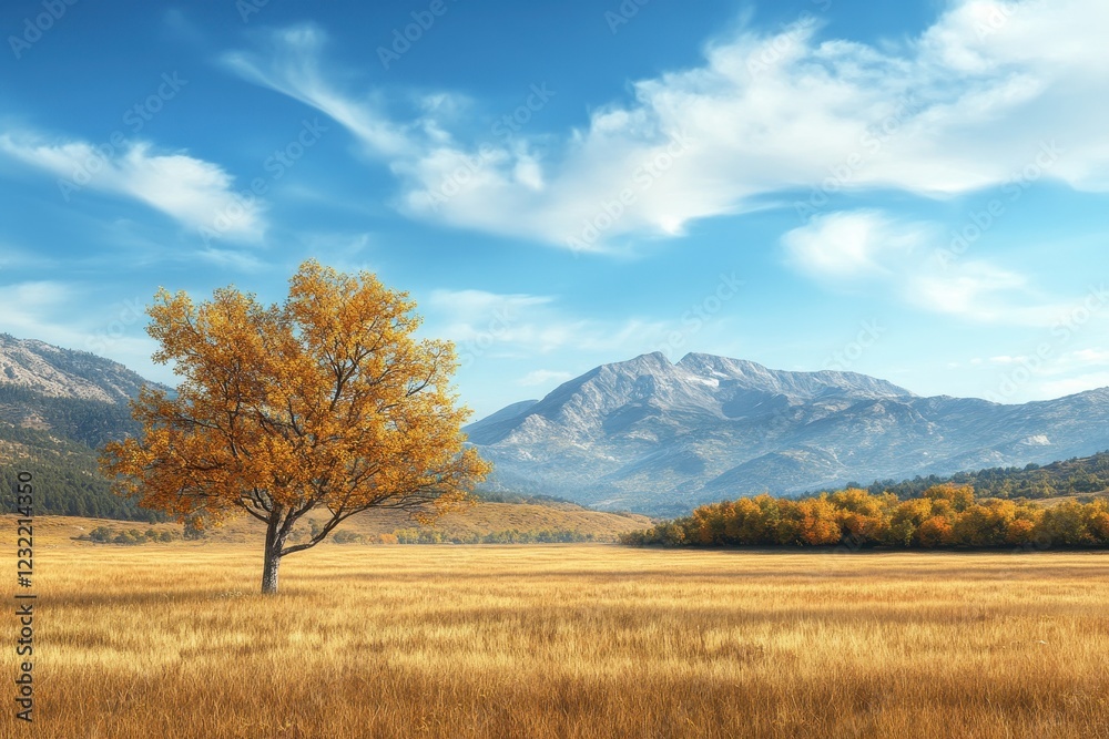 Fototapeta premium Lone autumn tree, mountain valley, sunny day, peaceful landscape, nature poster