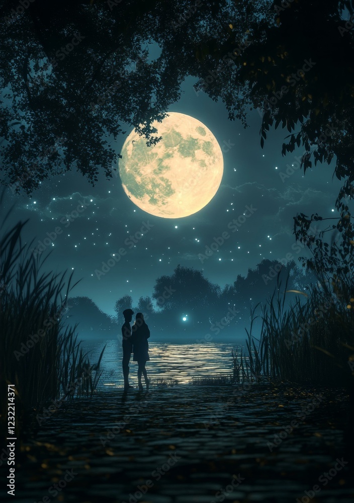 Moonlit Night Couple Strolling By Water Under Stars Moonlit Night Couple Strolling By Water Under Stars