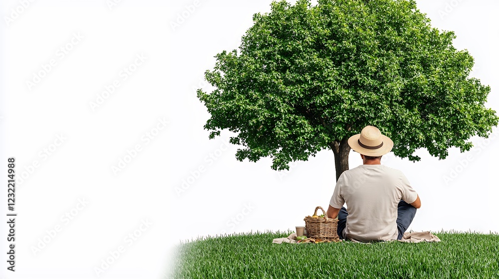 A contemplative man finds peace and tranquility beneath a vibrant green tree on a sunny day, surrounded by a lush grassy landscape A contemplative man finds peace and tranquility beneath a vibrant green tree on a sunny day, surrounded by a lush grassy landscape