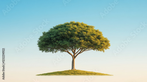 Lone tree on a small grassy hill against a clear blue sky. Minimalist nature landscape for Arbor Day and environmental awareness.
