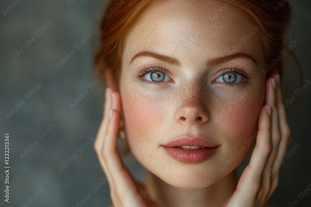 Professional photo of a young woman with flawless skin, well-groomed eyebrows, and soft pink lips, hands gently touching her neck to showcase potential necklace placement Professional photo of a young woman with flawless skin, well-groomed eyebrows, and soft pink lips, hands gently touching her neck to showcase potential necklace placement