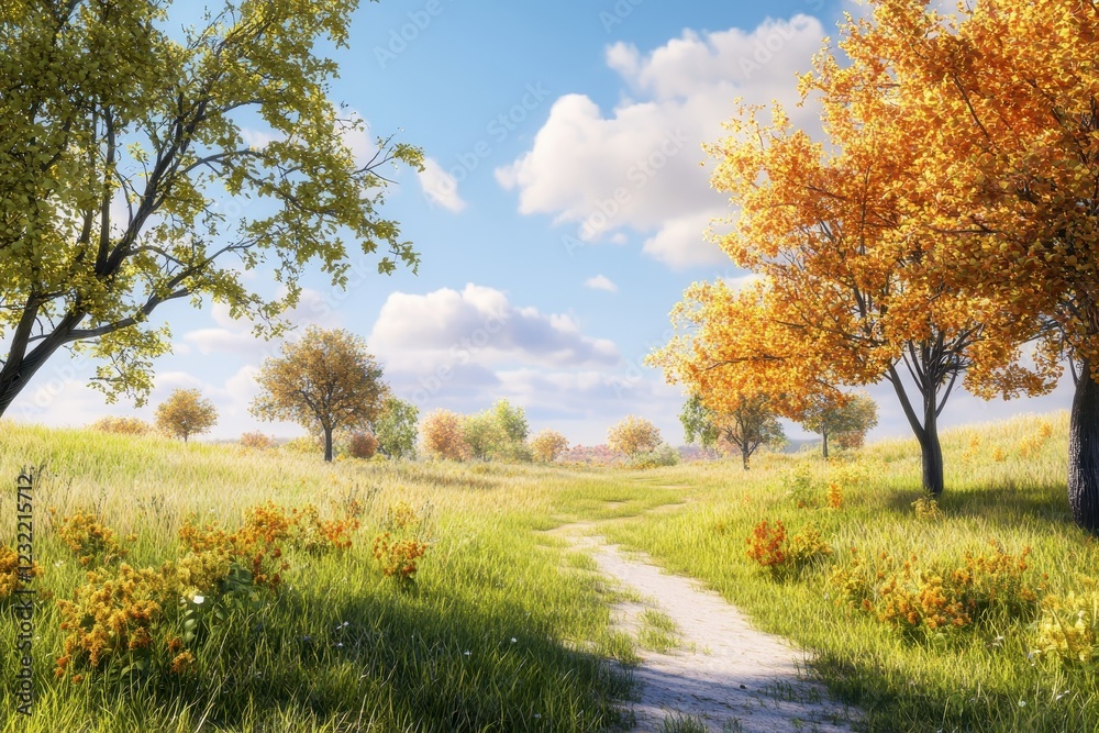 Autumnal path, meadow, golden trees, sunny day, rural landscape, idyllic scene, nature background, website design Autumnal path, meadow, golden trees, sunny day, rural landscape, idyllic scene, nature background, website design