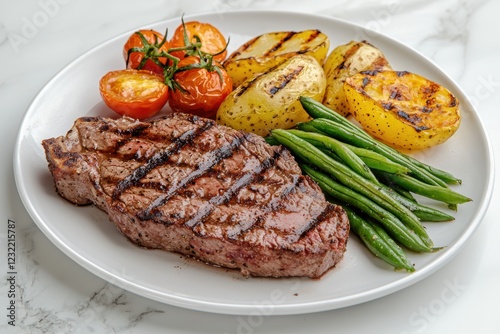 A Grilled beef steak with grilled potatoes, tomatoes and green beans