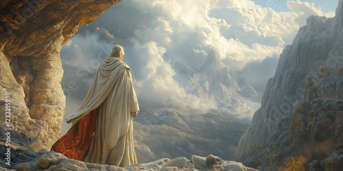 Elijah on Mount Horeb: A Dramatic Portrait of the Prophet Listening for God's Still Small Voice, Wrapped in His Cloak Amidst Wind and Divine Light photo