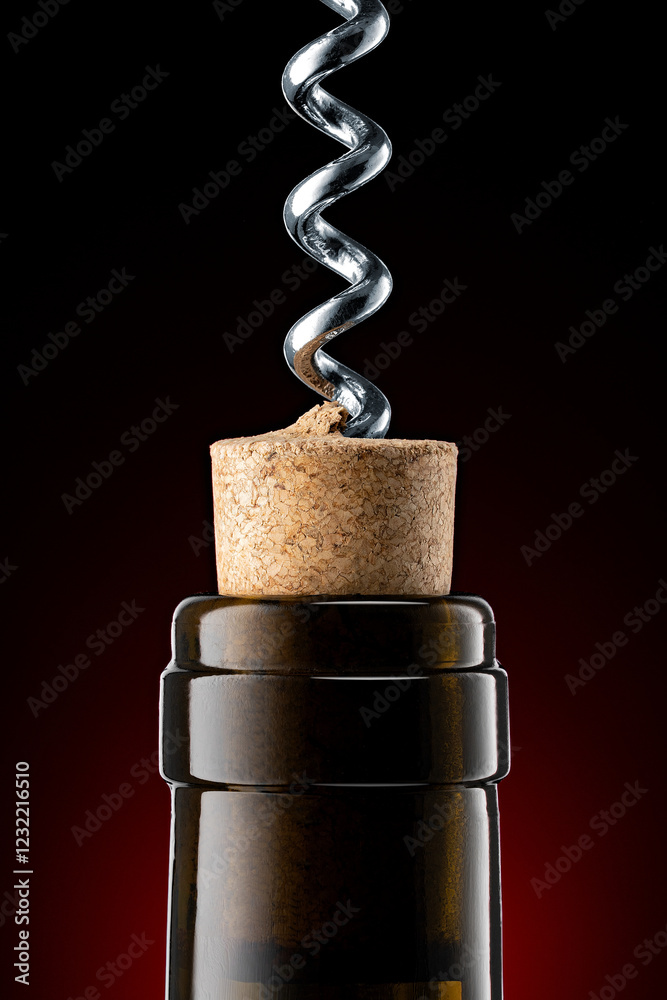 A closeup of a red wine bottle opening, using a classic corkscrew. A closeup of a red wine bottle opening, using a classic corkscrew.
