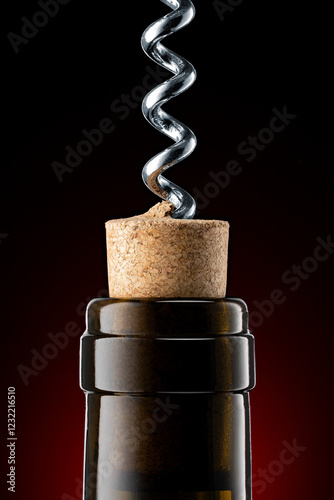 A closeup of a red wine bottle opening, using a classic corkscrew.