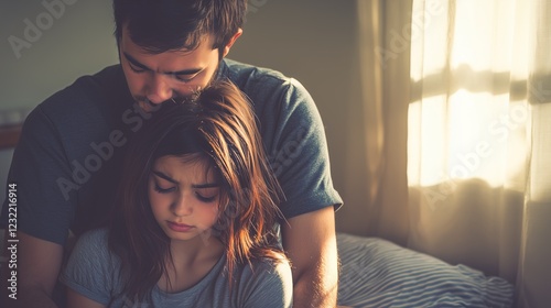 man comforts saddened young woman offering solace and support in tender moment photo