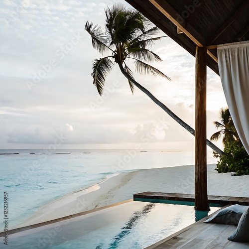 beach with palm tree serene beach at sunrise with crystal clear water and soft sand, peaceful and relaxing, perfect for travel and tourism ads photo