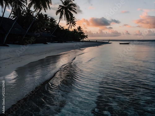 sunset over the sea serene beach at sunrise with crystal clear water and soft sand, peaceful and relaxing, perfect for travel and tourism ads photo