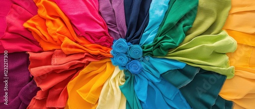 A vibrant collage of plant-dyed fabrics and upcycled clothing pieces, representing sustainable spring fashion trends