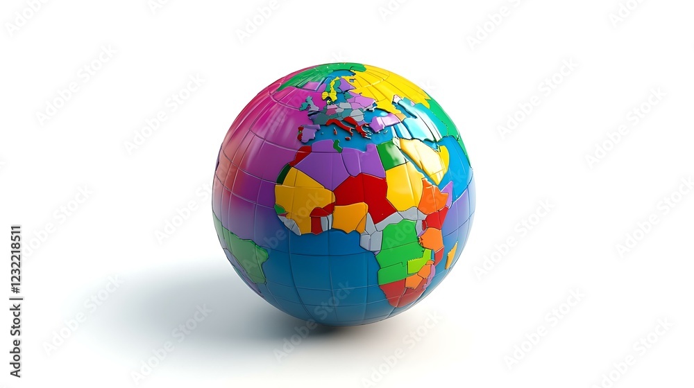 A stylized 3D cartoon illustration of a globe with bold colors and a smooth, glossy texture, isolated on a white background to emphasize its playful design A stylized 3D cartoon illustration of a globe with bold colors and a smooth, glossy texture, isolated on a white background to emphasize its playful design