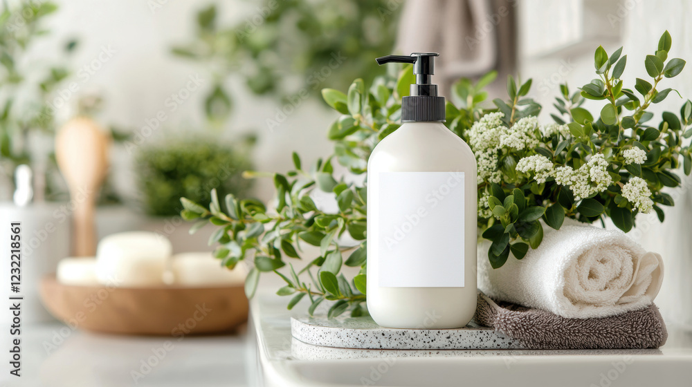 clean bathroom scene featuring bottle of liquid soap with blank label, surrounded by fresh greenery and towels, creating serene and inviting atmosphere clean bathroom scene featuring bottle of liquid soap with blank label, surrounded by fresh greenery and towels, creating serene and inviting atmosphere
