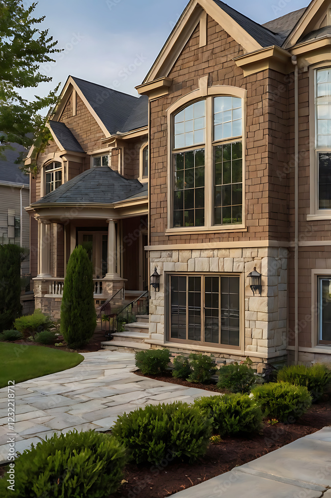 Luxury House Exterior: Stone and Brick Facade, Landscaped Garden, and Walkway Luxury House Exterior: Stone and Brick Facade, Landscaped Garden, and Walkway