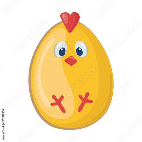 Easter Little yellow chick with red beak in the form of an egg. Holiday gift for happy easter. Vector drawing for greeting card, stickers, coloring.