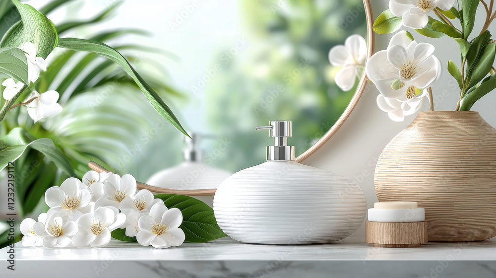 modern liquid soap dispenser with blank label, surrounded by flowers and greenery, creates serene and elegant atmosphere in bathroom or spa setting modern liquid soap dispenser with blank label, surrounded by flowers and greenery, creates serene and elegant atmosphere in bathroom or spa setting