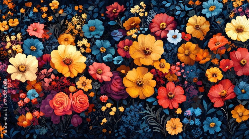 Fototapeta premium A colorful floral pattern illustration, bursting with vibrant blooms and intricate details