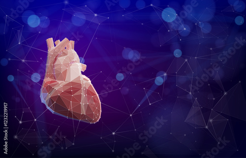 3D illustration of a structure of triangles connected by dots in the shape of a human heart placed on a dark background. Used in medicine, science, education, advertising, commerce and industry.