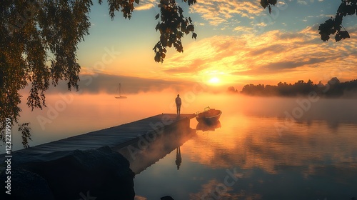 A person standing on a dock at sunrise, with a misty fog rolling off the water and a boat in the distance