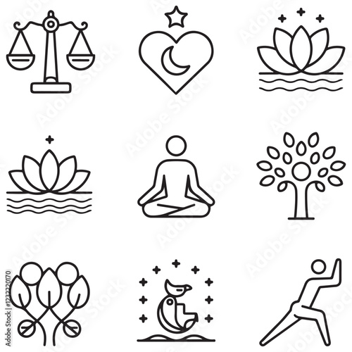 Wellness Line Editable Icons set. Vector illustration in thin line modern style of remotely mental health related icons: work-life balance, self-love, meditation, and more. Isolated on white