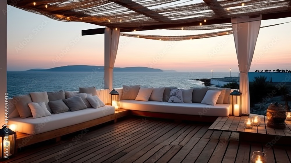 Fototapeta premium The Perfect Greek Seaside Escape: Canopy Curtains and Cozy Sofas