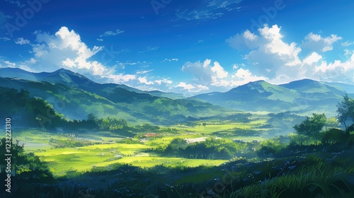 Serene Illustration of a Tranquil Natural Landscape Featuring Lush Green Fields, Majestic Mountains, and a Clear Blue Sky with Fluffy Clouds