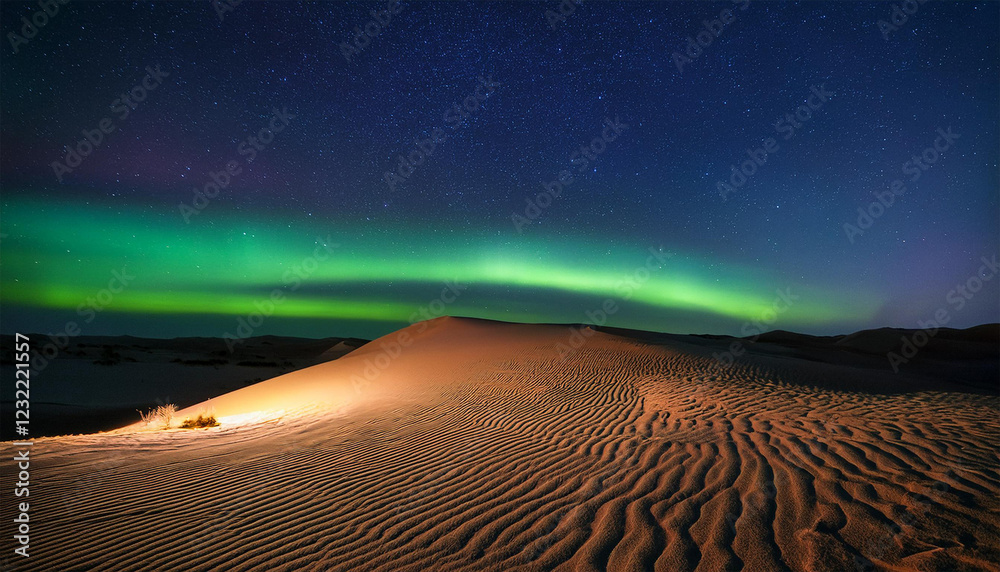 Naklejka premium aurora borealis illuminating sand dunes in desert landscape at night