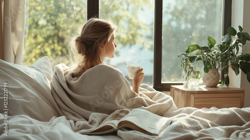 Entspannter Morgen im gemütlichen Schlafzimmer mit Sonnenlicht, Ruhe und achtsamer Morgenroutine. Generative AI KI