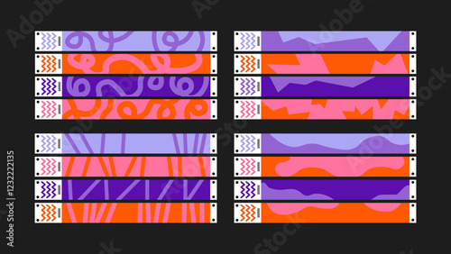 Mockup Set of Colorful Wristband Templates for Events. A vibrant collection of stylish wristband designs, ideal for festivals, concerts, parties, corporate events, and more. Vector template