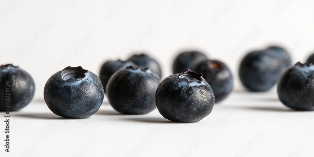 Close-up Photograph of Multiple Blueberries on White Background