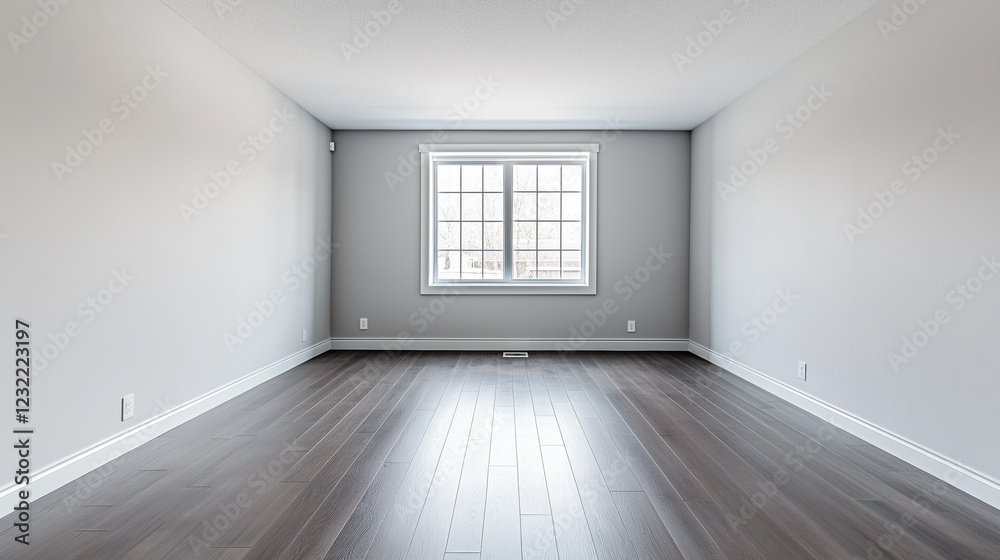 Interior of an empty room with a new dark wood floor and white walls, no furniture, a window on the wall, and a light gray color Interior of an empty room with a new dark wood floor and white walls, no furniture, a window on the wall, and a light gray color