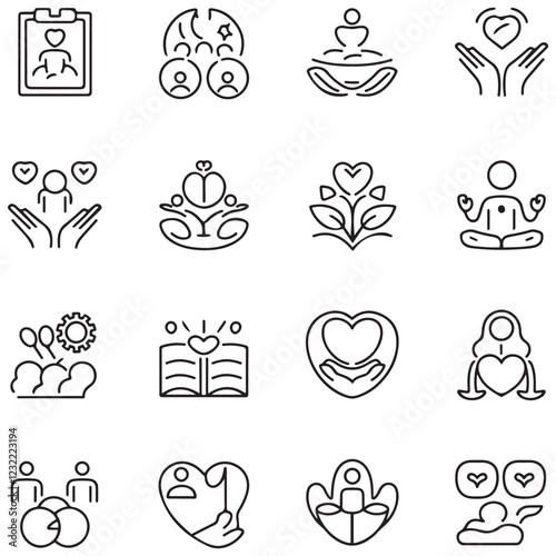 Wellness Line Editable Icons set. Vector illustration in thin line modern style of remotely mental health related icons: work-life balance, self-love, meditation, and more. Isolated on white
