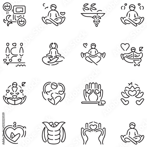 Wellness Line Editable Icons set. Vector illustration in thin line modern style of remotely mental health related icons: work-life balance, self-love, meditation, and more. Isolated on white