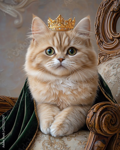 Pet portrait in royal style of A regal cat with a crown sits elegantly on a luxurious chair, embodying grace and royal charm.
