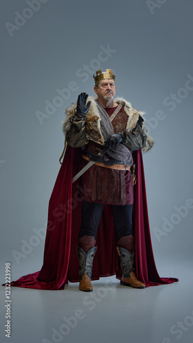 Elderly man as medieval king in golden crown, fur-lined cloak, and armor, raising hand with authority against grey studio background. Concept of leadership, command, historical power, and influence.
