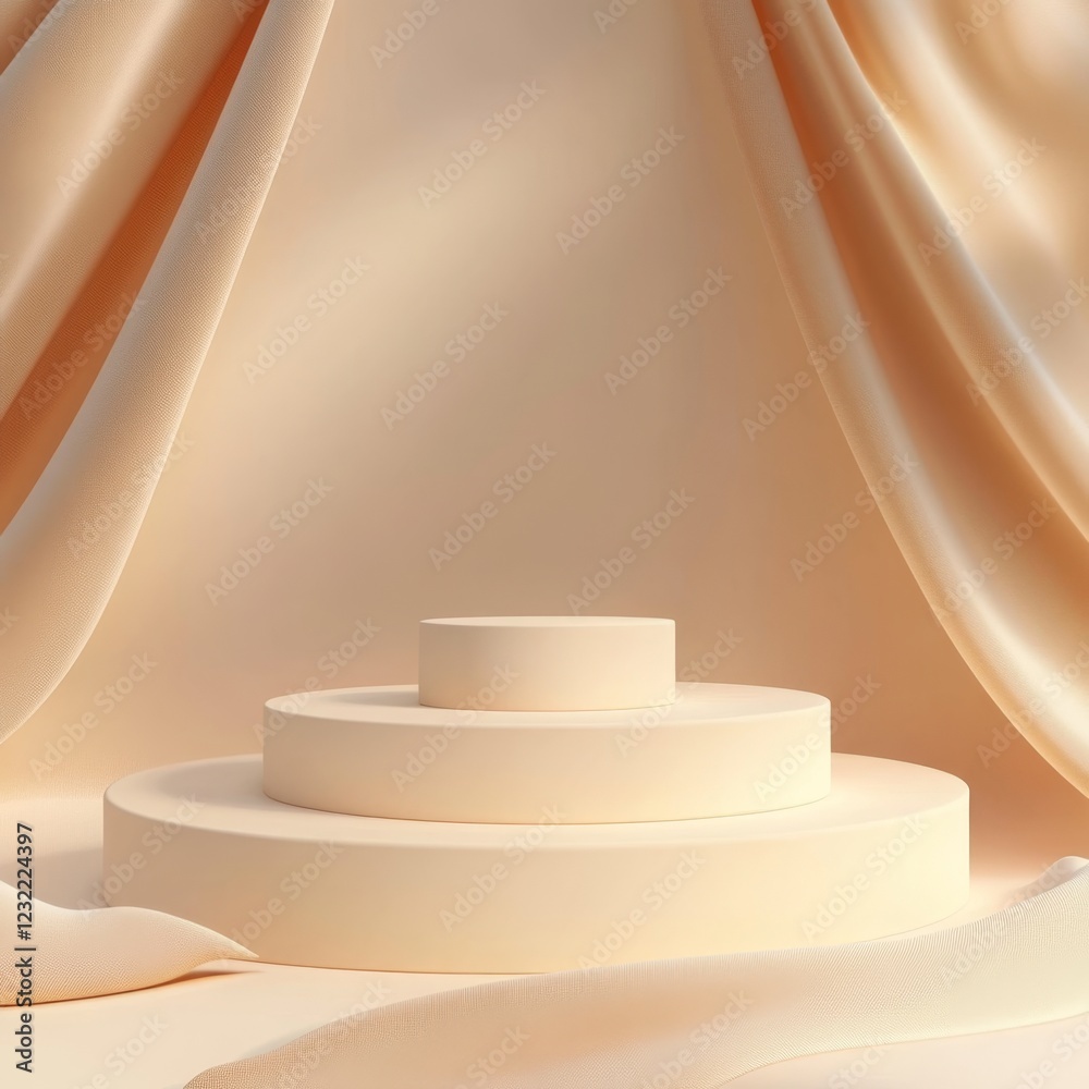 Fototapeta premium Elegant beige fabric backdrop with minimalist podium display for products