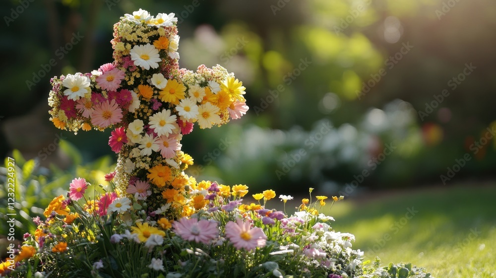 A cross covered with vibrant flowers stands in a peaceful, sunny day. The flowers wrap around it, creating an atmosphere of calm and harmony under the warm rays of light A cross covered with vibrant flowers stands in a peaceful, sunny day. The flowers wrap around it, creating an atmosphere of calm and harmony under the warm rays of light