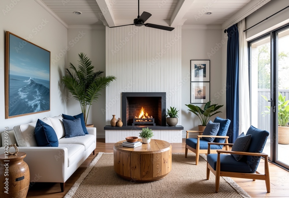 Fototapeta premium Photorealistic Coastal Living Room: Whitewashed Walls, Navy Blue Accents, Driftwood Furniture, Hyperdetailed, Seaside Serenity, Coastal Style, Beach House Interior, Light & Airy, Nautical Theme. 