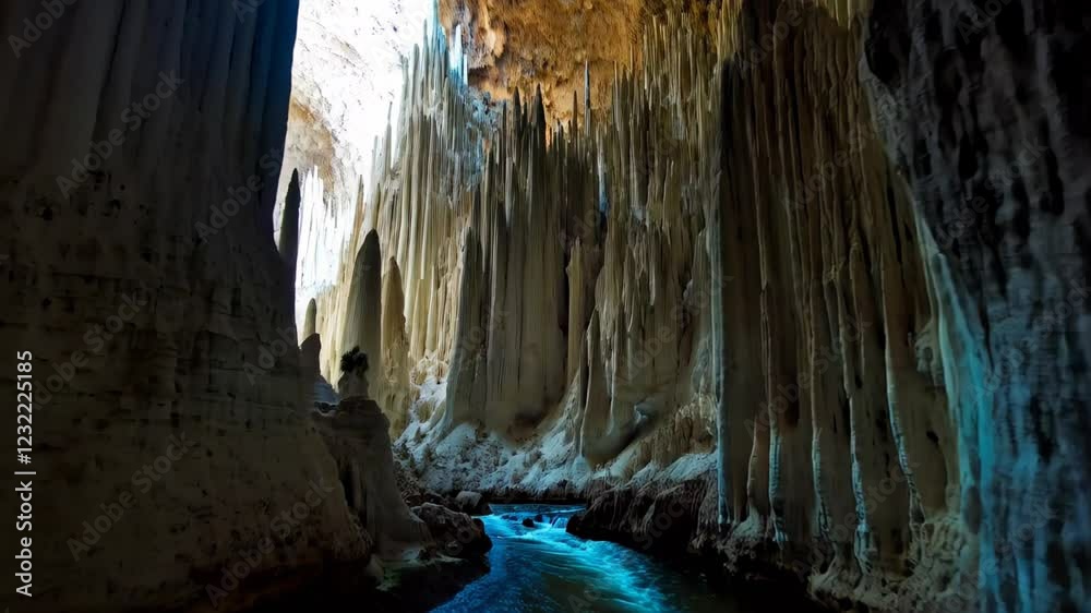 Explore stunning rock formations in a serene cave with crystal clear water nestled in a hidden coastal paradise