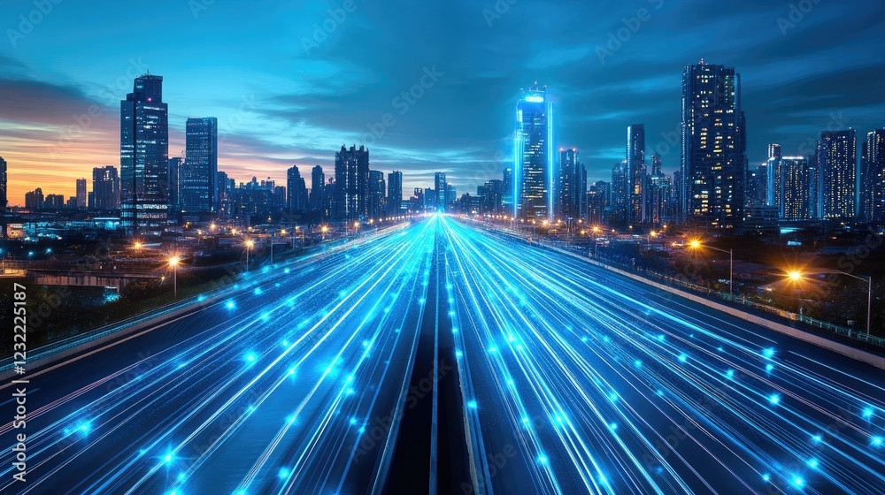 A futuristic highway bridge with glowing blue lights, stretching across a city skyline. A futuristic highway bridge with glowing blue lights, stretching across a city skyline.