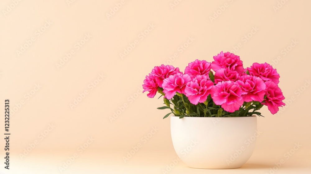 Fototapeta premium Pink Carnations in White Pot on Beige Background