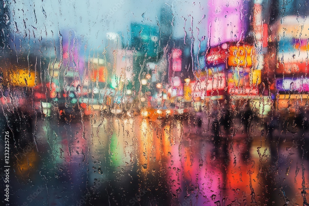 Obraz premium tokyo cityscape through rain-streaked glass, neon signs blur into watercolor-like patterns, creating electric atmosphere