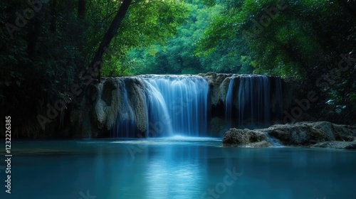 A magical waterfall glowing in soft blue light, hidden within a dense jungle.