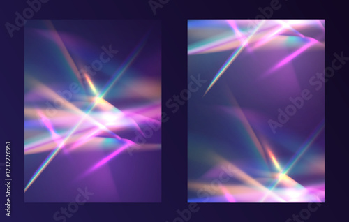 Crystal rays of light, prism refraction, lens flare, crystal glass reflection effect. Prism vector, realistic light leak effect with spectral flare. Bright light banner, poster, template.